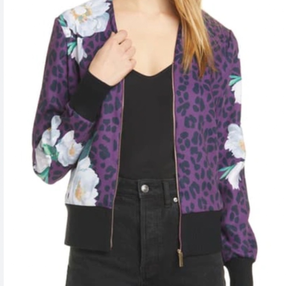 Ted Baker London Purple Floral Leopard Print Bomber Cardigan